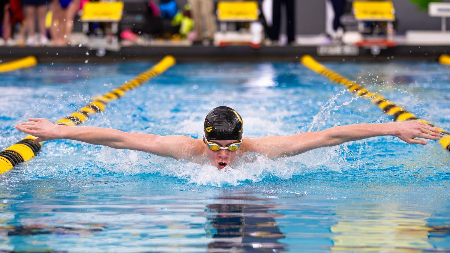 Competitive swimmers racing in a pool with lane dividers during a swim meet competition.