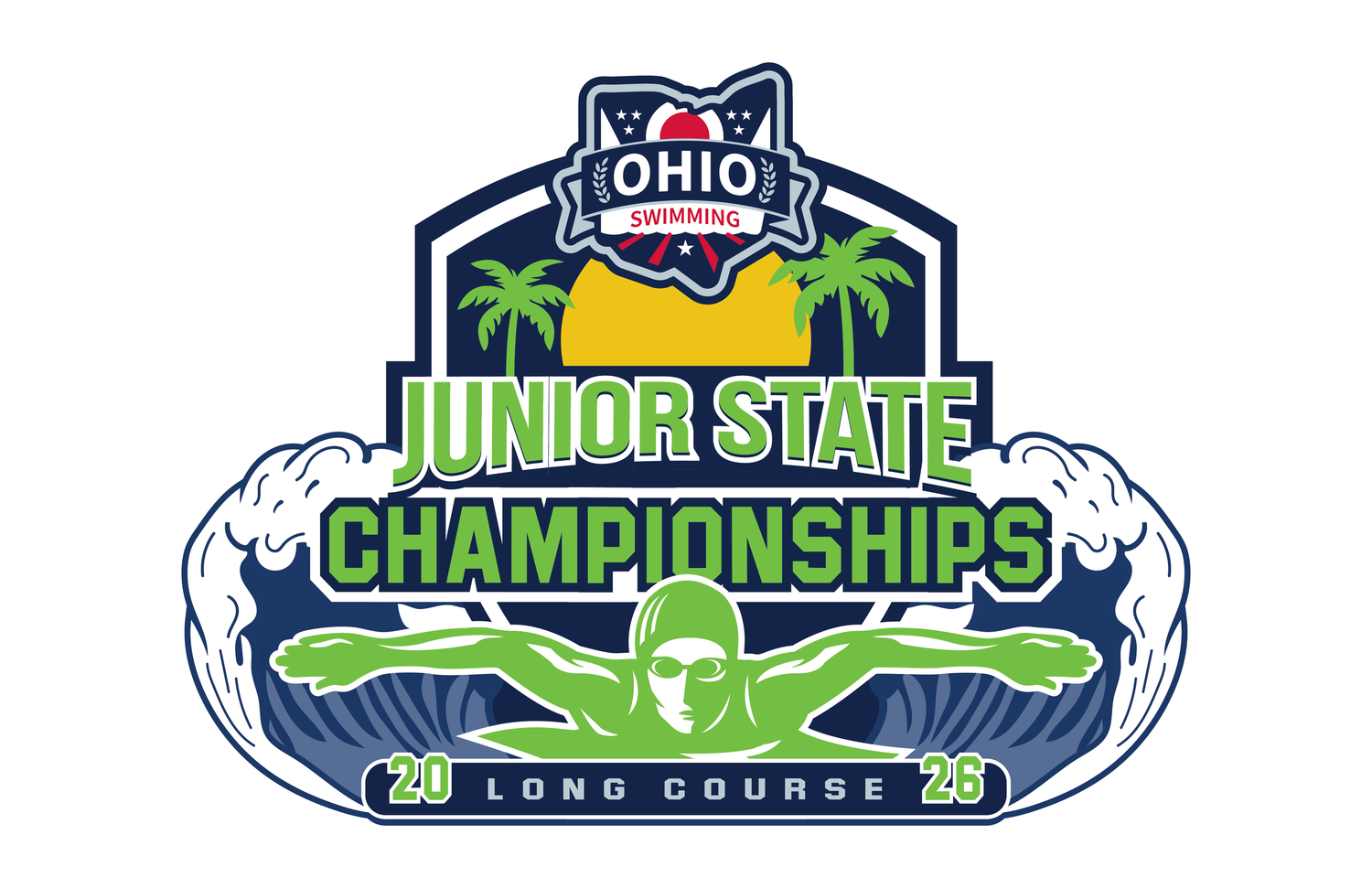 Ohio Swimming Junior State Championships 2023 Long Course official logo with swimmer and palm trees.