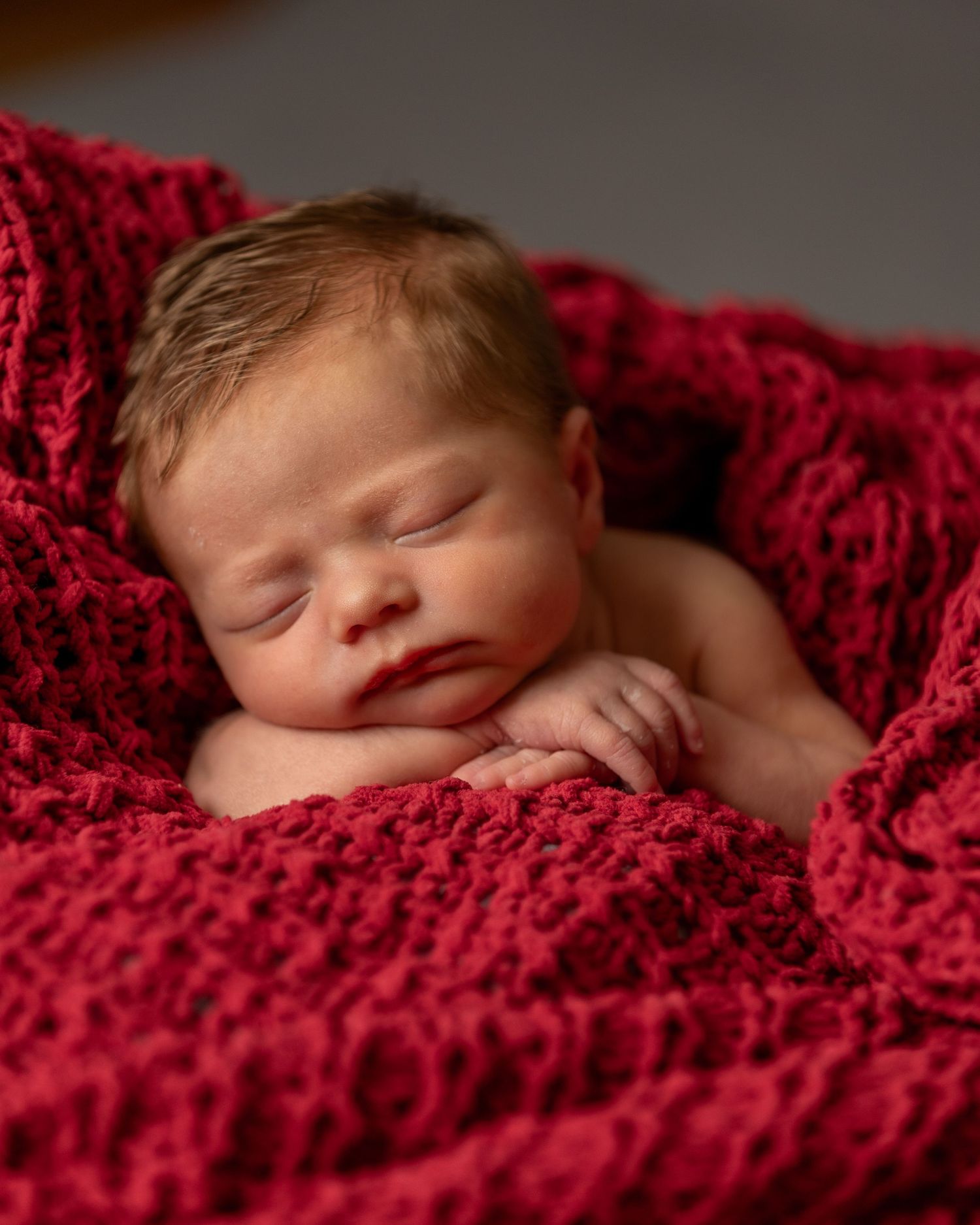 Peaceful newborn baby sleeping on a soft red knit blanket in a cozy nest, perfect newborn photography portrait.