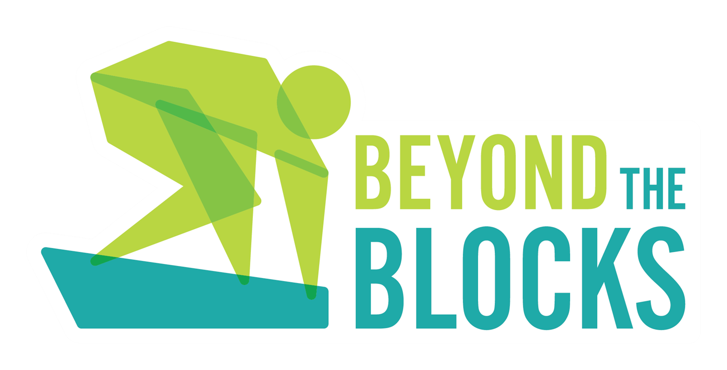 Beyond The Blocks logo featuring a green athletic figure leaping forward over a teal geometric shape.