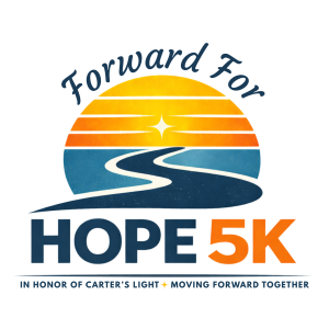 Logo for the Forward For Hope 5K run, featuring a sunset with a winding road, honoring Carter's Light and moving forward together.