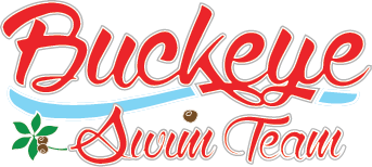 Buckeye Swim Team logo with red cursive text and a light blue wave accent with green buckeye leaf detail.