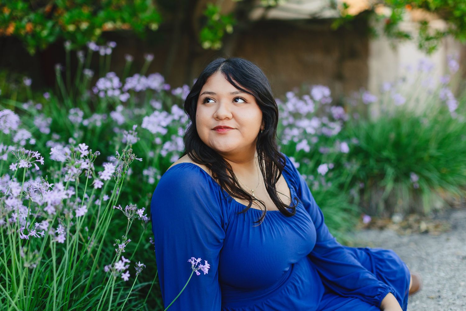 A person in a royal blue dress sits by a garden path with blooming purple irises in the background.