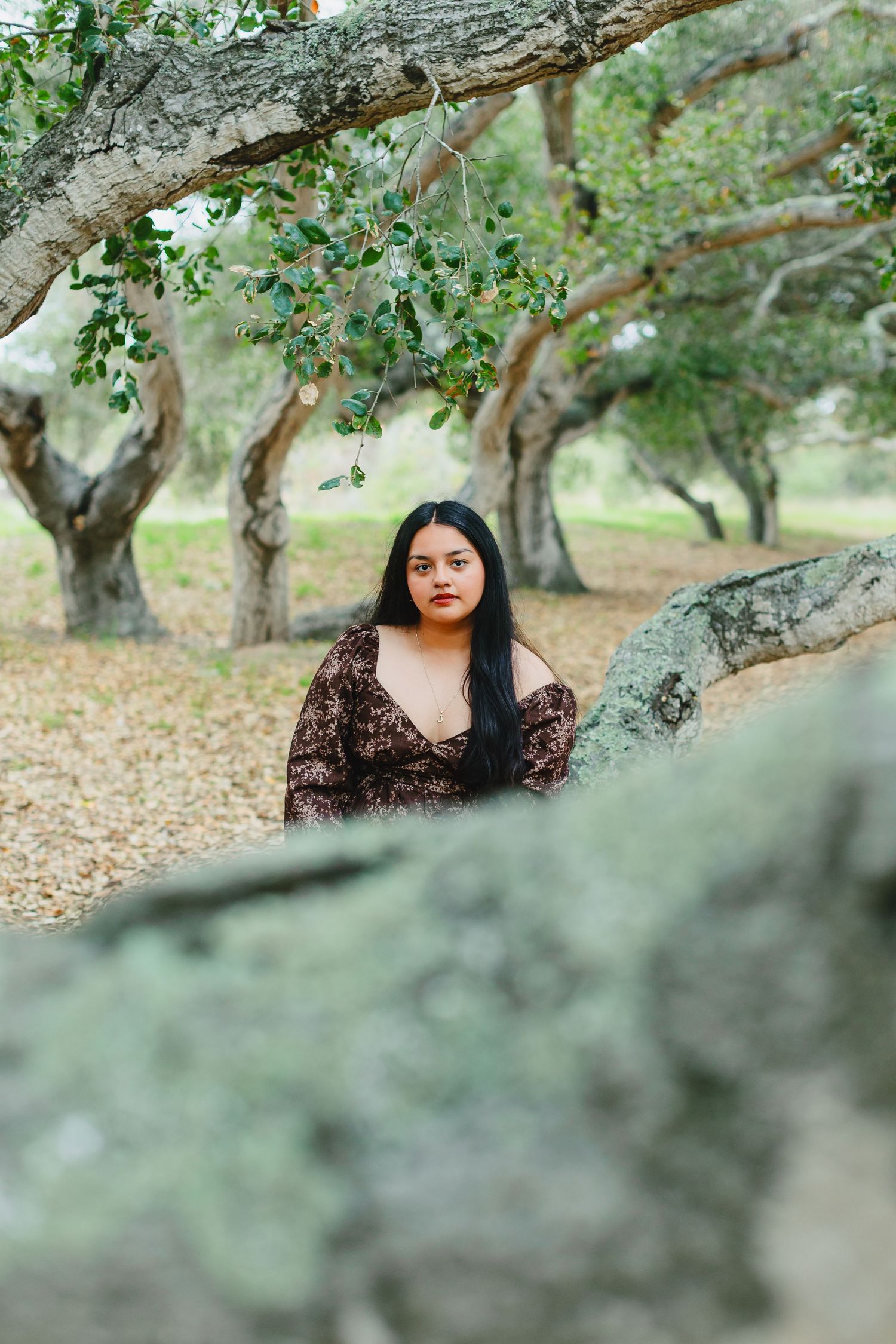 Young woman in floral dress poses among ancient oak trees and mossy rocks in a serene forest setting.