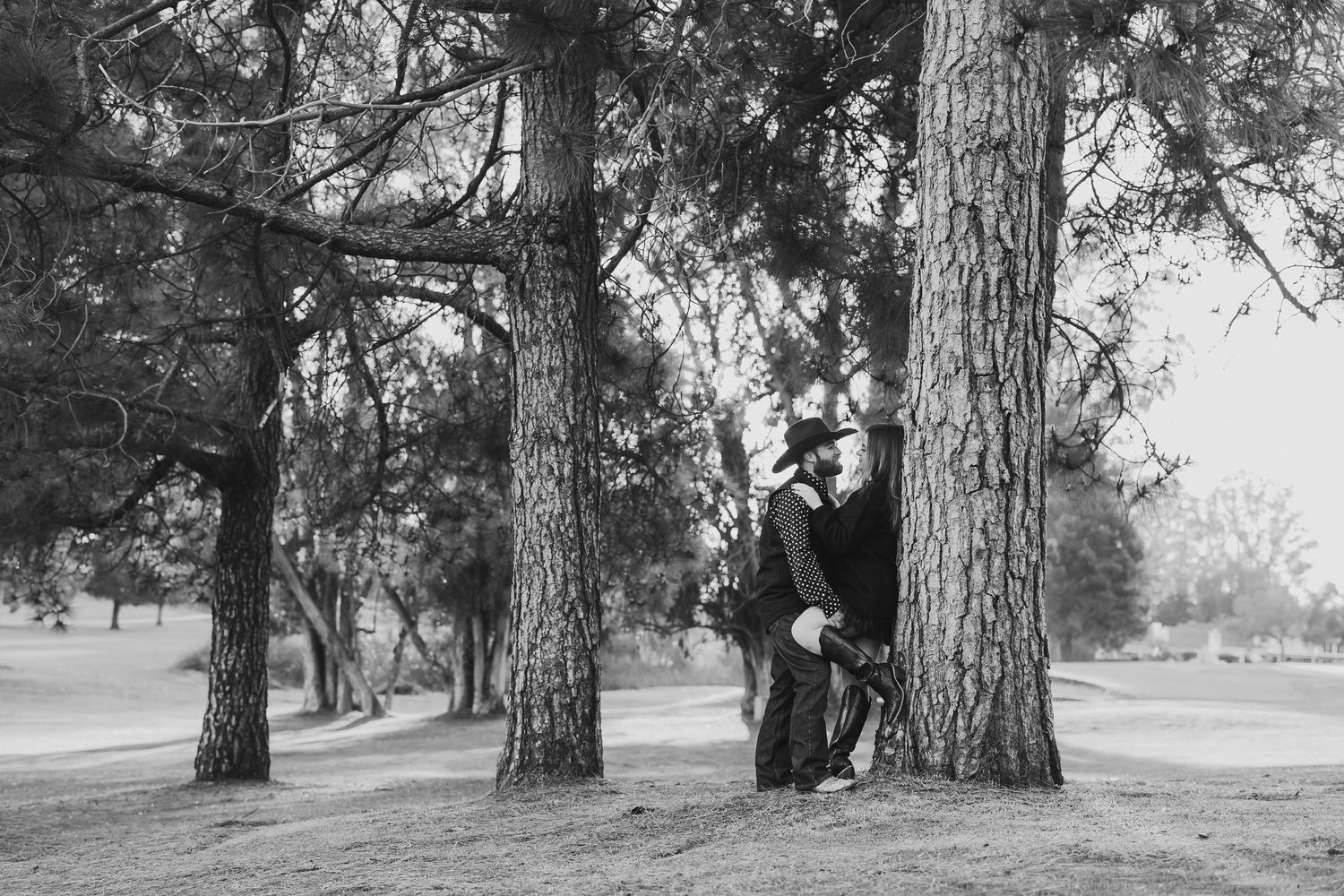 A series of black and white photographs showing a person posing playfully behind trees in a park setting.
