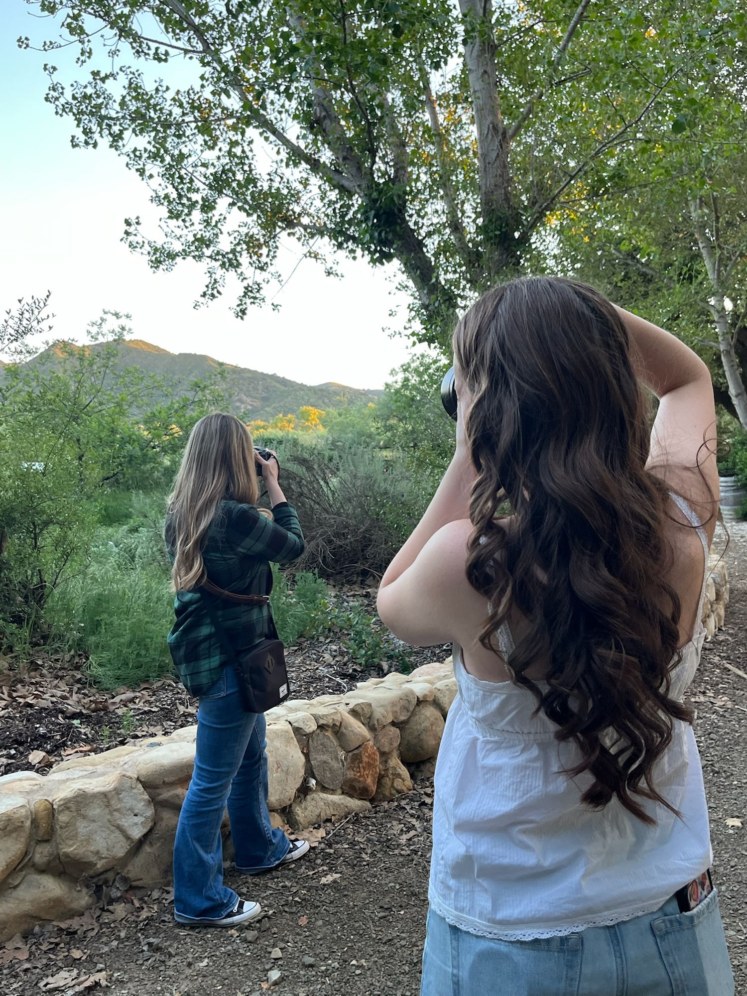 Two young women with long hair photograph a scenic mountain landscape from a stone wall path surrounded by lush greenery.