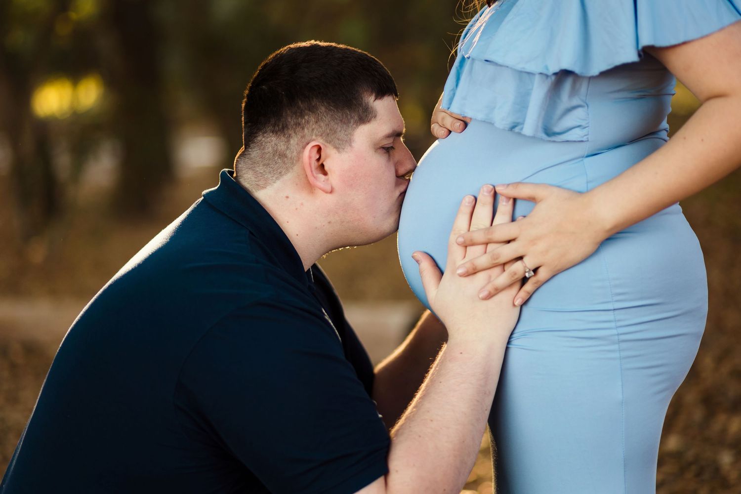 A collection of pregnancy photo shoot moments showing a loving partner kissing a baby bump.