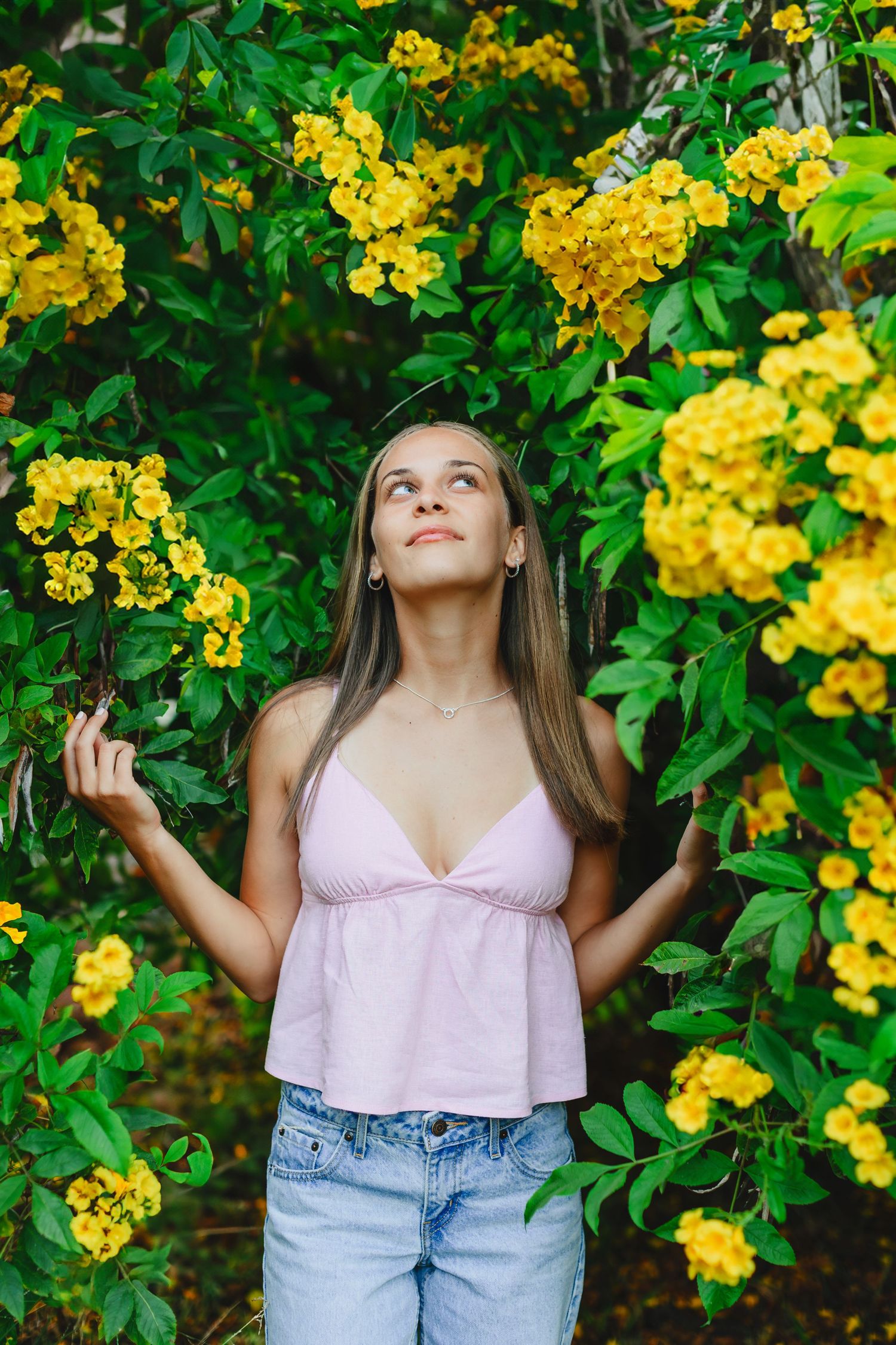 Young woman in pink top and jeans surrounded by vibrant yellow flowering bushes looking upward.