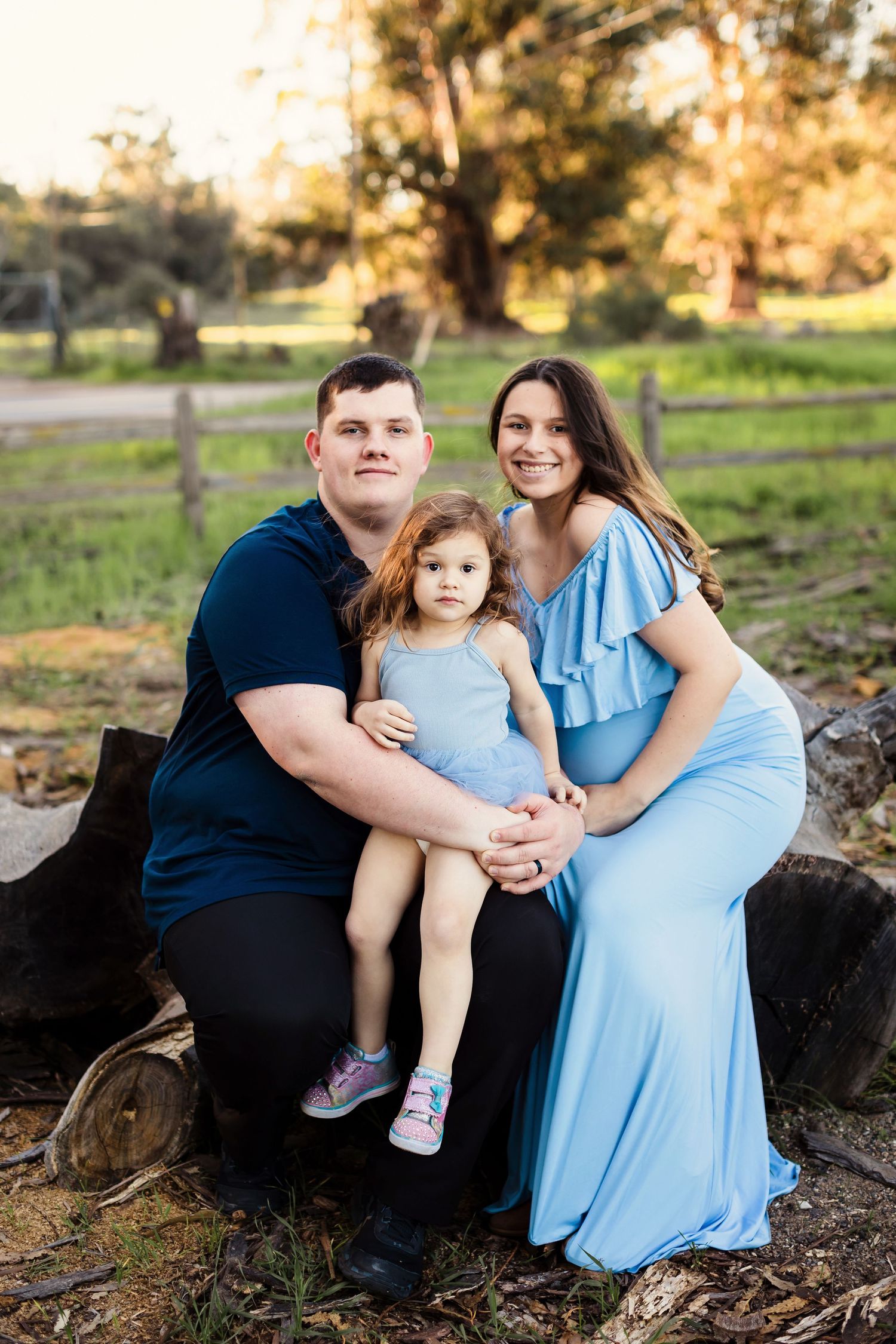 A family in coordinating blue and navy outfits sits together on fallen logs during a golden sunset photo session.