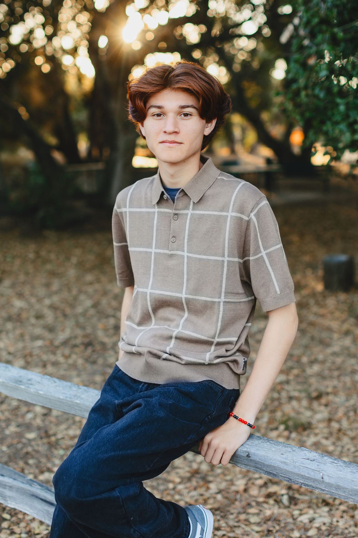 Teenage boy in plaid polo shirt sitting on wooden fence rail in a sunlit park setting.