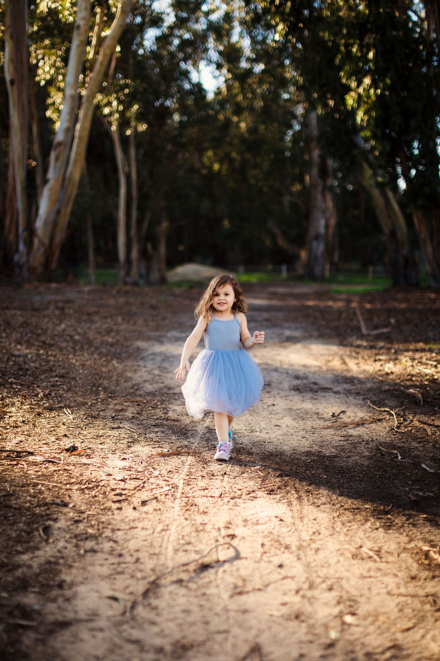 A sequence of images shows a child in a white dress walking along a sunlit forest path with autumn leaves scattered about.