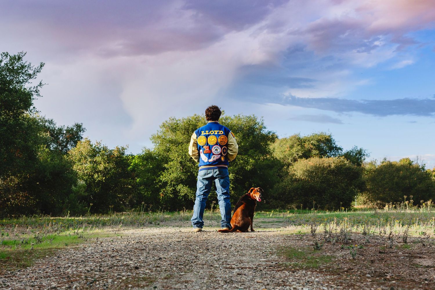 A person and dog walk together on a grassy path during a scenic sunset with colorful clouds in the sky.