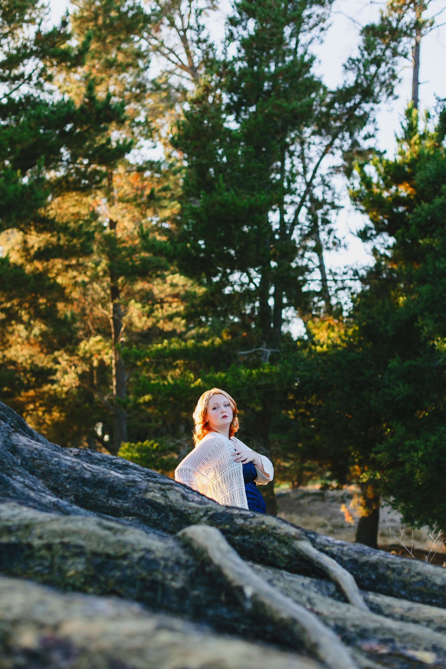 Young woman in white sweater sitting on large tree roots surrounded by tall green pine trees in golden hour light.
