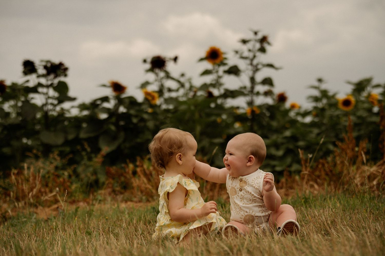 A romantic couple lies together in a grassy meadow during golden hour, sharing an intimate moment.