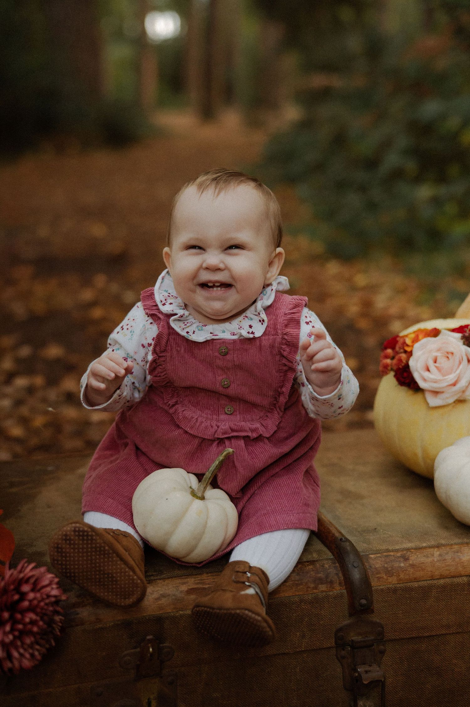 Smiling baby in pink dress sits on vintage trunk with white pumpkins and flowers in autumn forest setting.