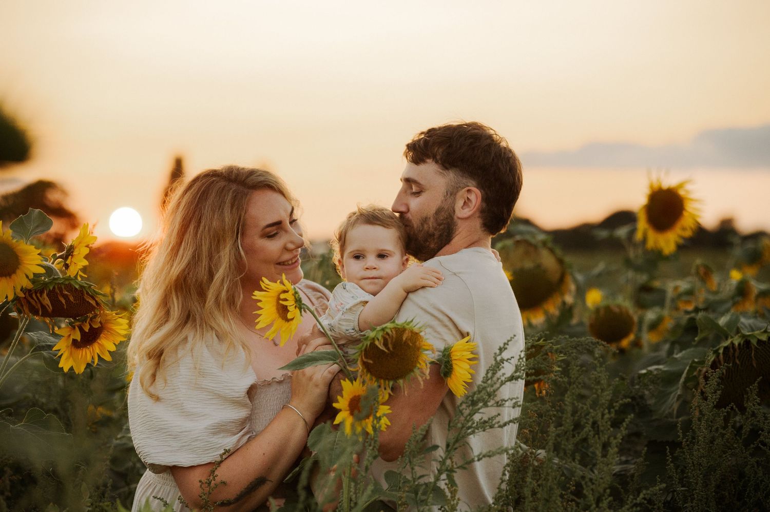 Family with baby among sunflowers at sunset, parents kissing child in golden field.