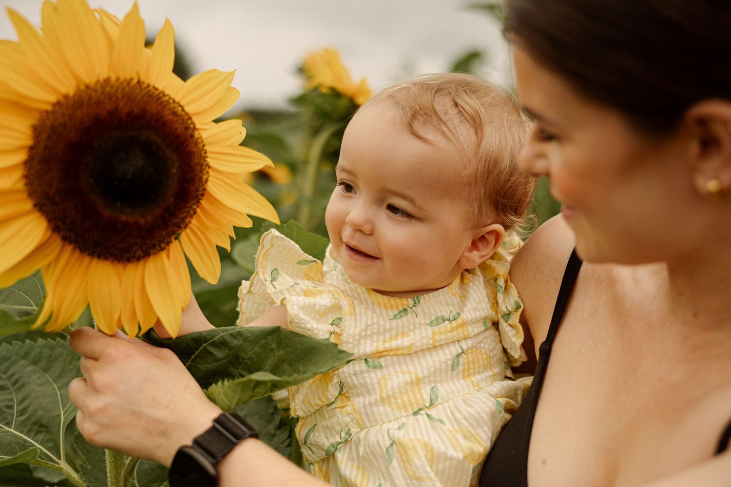A smiling baby in a yellow outfit being held by a woman near a large sunflower in a sunflower field.