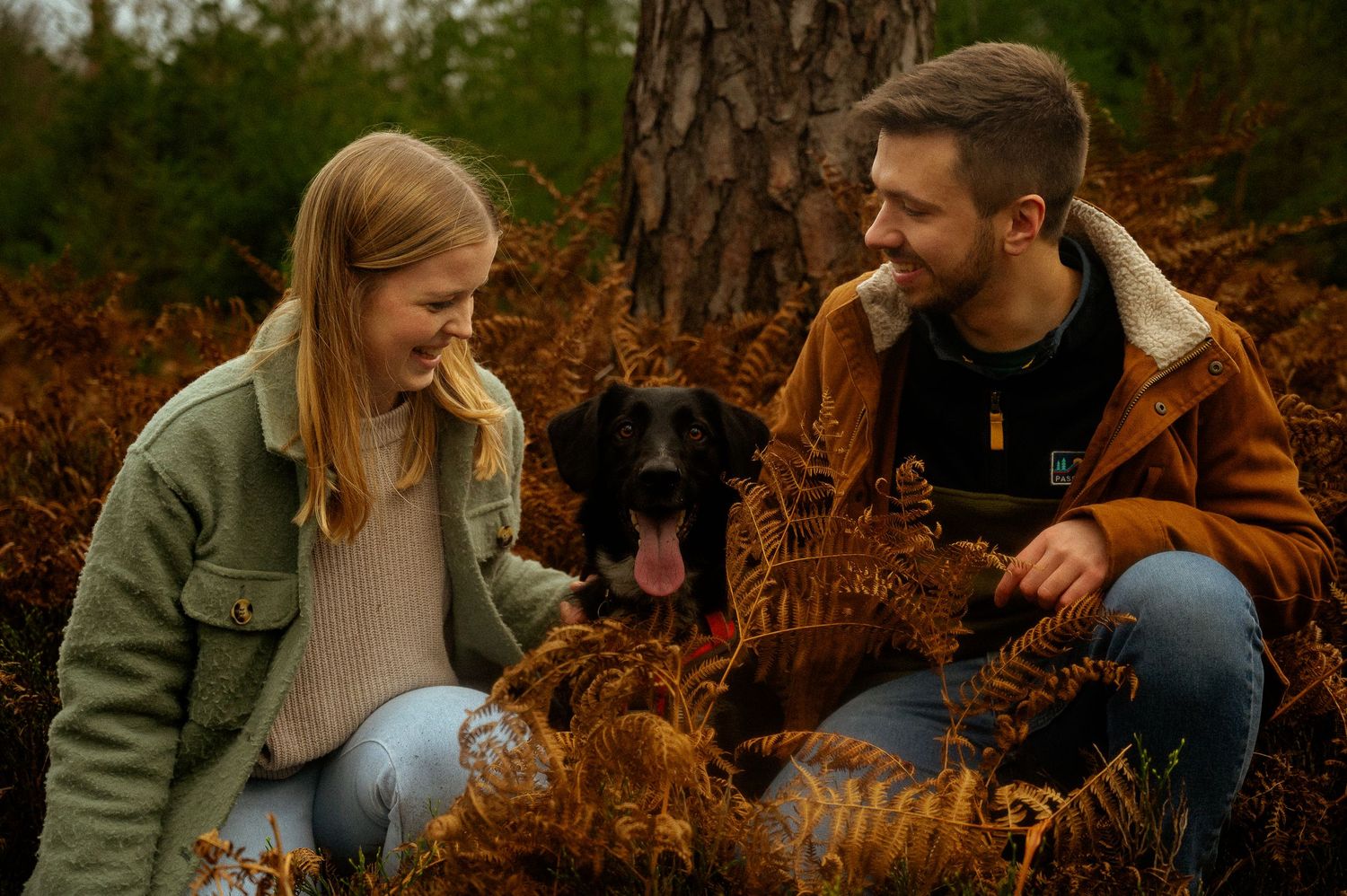 A couple sits together on autumn ground surrounded by orange ferns and fallen leaves in a forest setting.