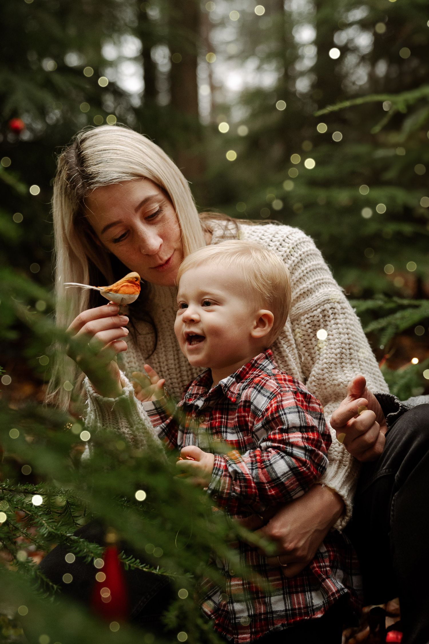 Mother and toddler boy exploring Christmas tree ornaments outdoors with bokeh lights in forest setting.