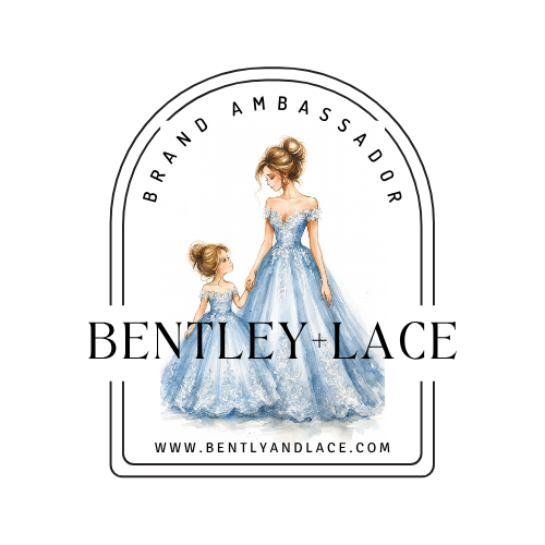 A series of circular logo designs for Bentley and Lace brand featuring blue dress silhouettes and text.