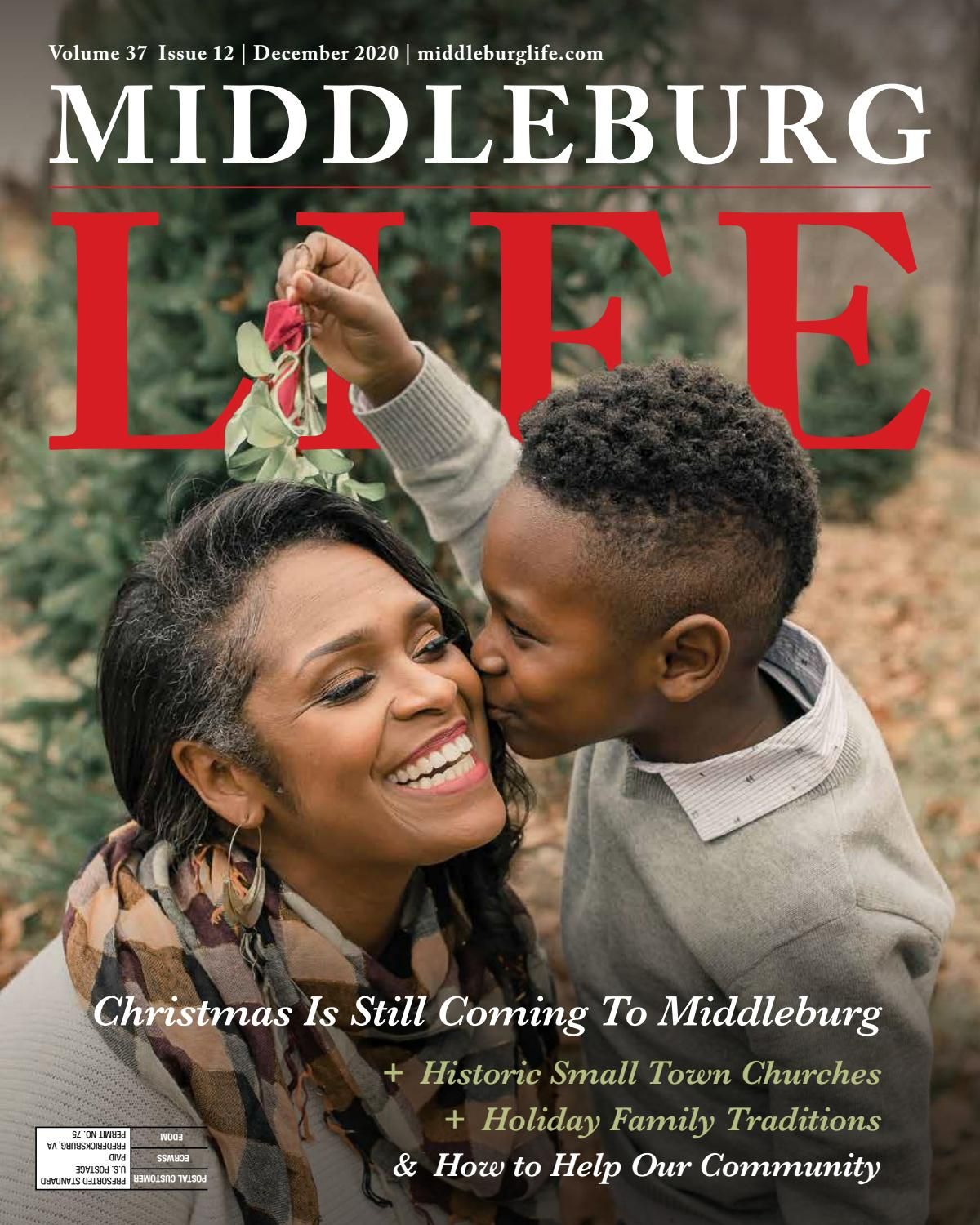 Magazine cover of Middleburg Life featuring a festive holiday scene with greenery and red text against a dark background.