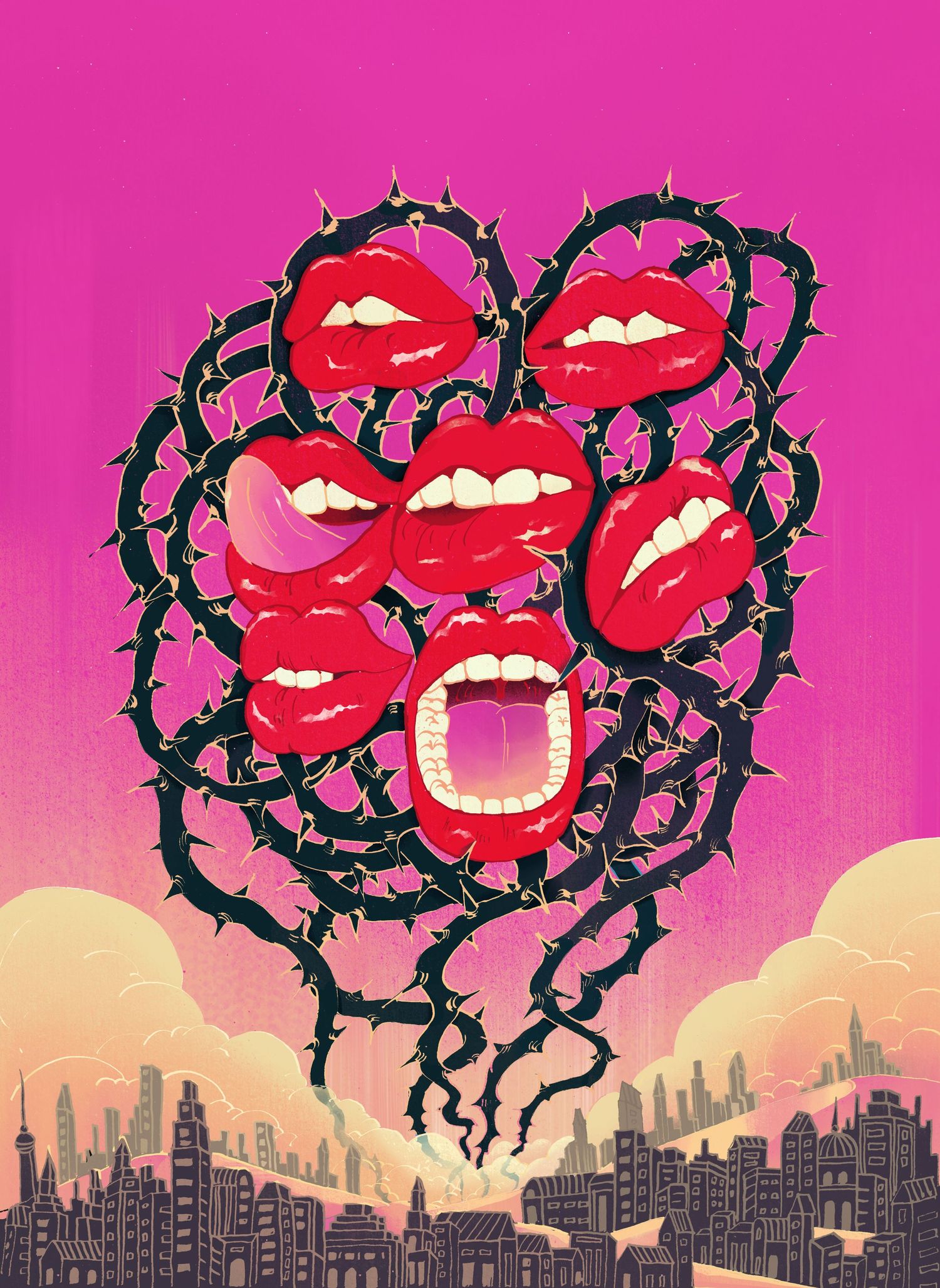 dip pen ink, digital coloring, poster art,  conceptual art, lips