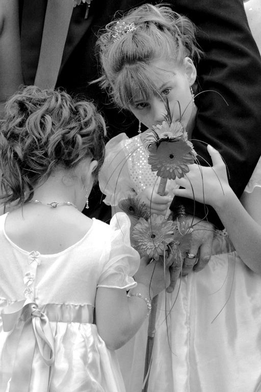 Kyra and Tamsin - flower girls black and white, candid wedding