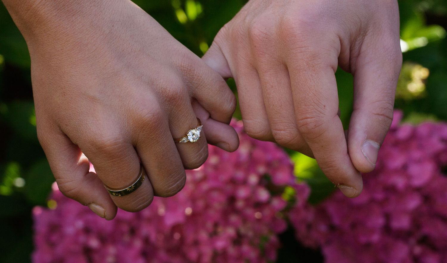 engagement ring photo with pink hydrangeas.