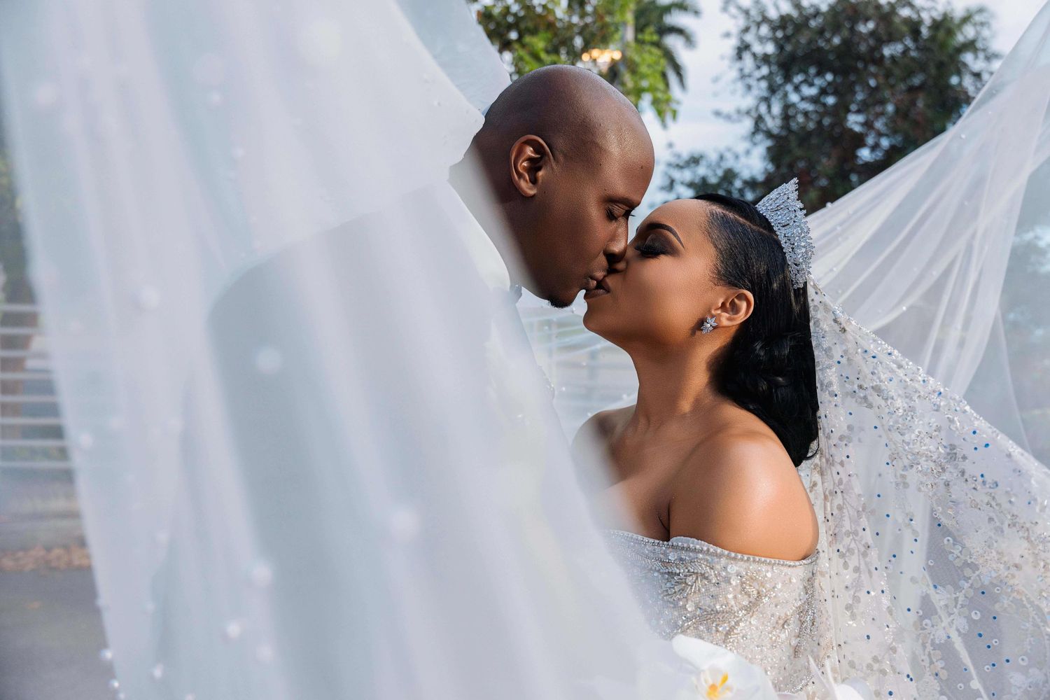 A bride and groom share a romantic kiss beneath a flowing white veil at their outdoor wedding ceremony.