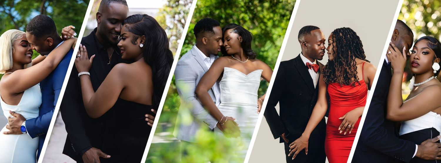 Collage of Black couples in romantic wedding and engagement photo sessions outdoors.