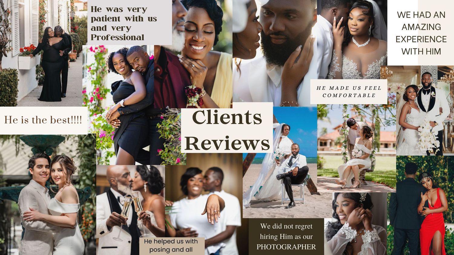 Wedding photographer client reviews collage featuring happy couples and glowing testimonials.