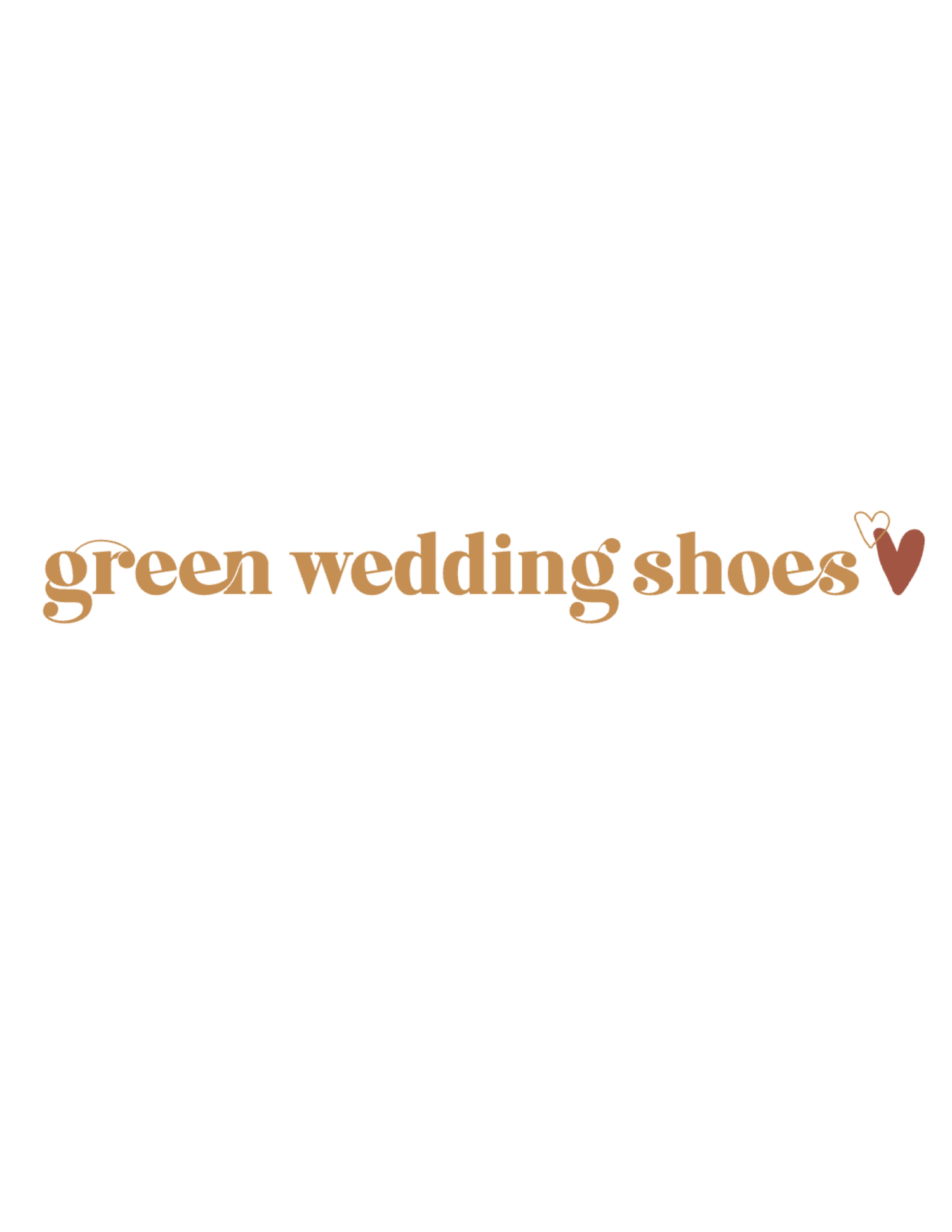Green Wedding Shoes logo in golden serif font with a small red heart icon on a white background.