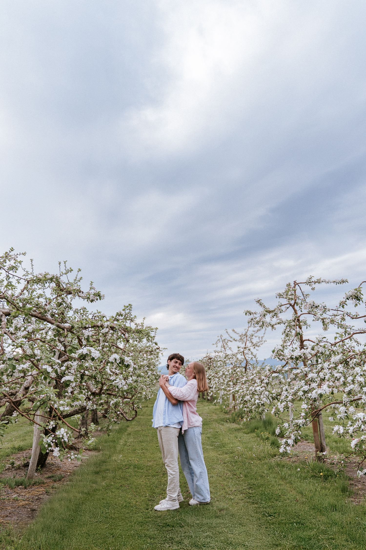 Un couple s'enlace dans un magnifique verger de pommiers en fleurs, sous un ciel nuageux de printemps.