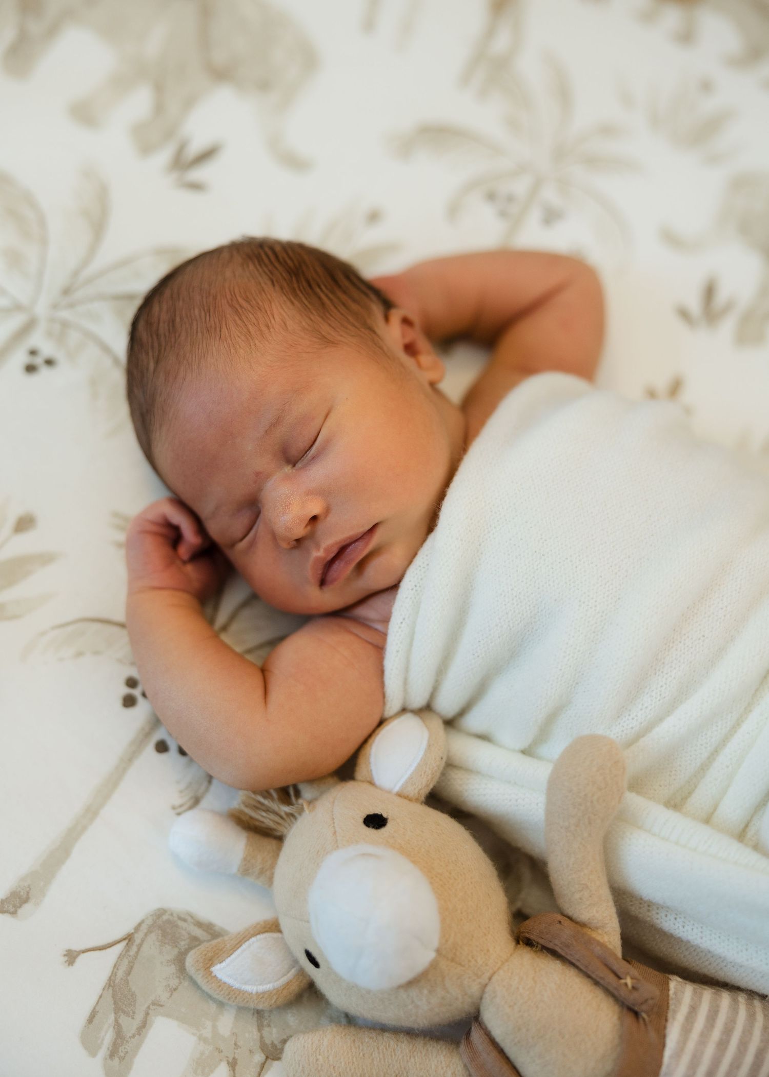 Peaceful newborn portrait in a white swaddle sleeping next to plush bunny in a crib taken by a South Jersey newborn photographer.