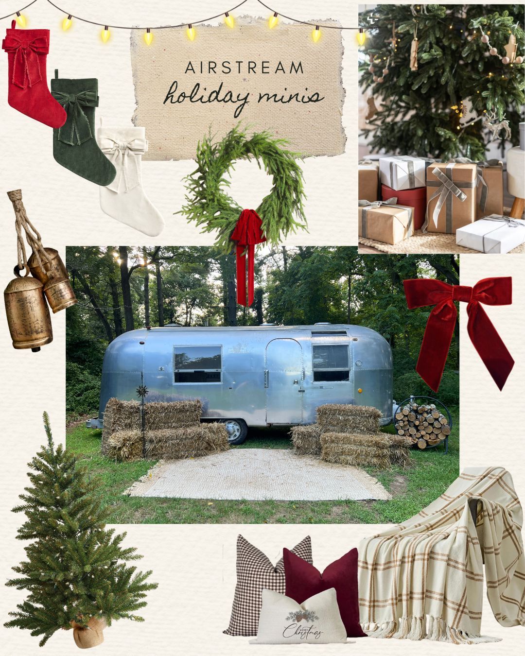 A festive Airstream holiday mini mood board featuring stockings, wreaths, bows, a silver trailer with hay bales, and cozy Christmas decor.