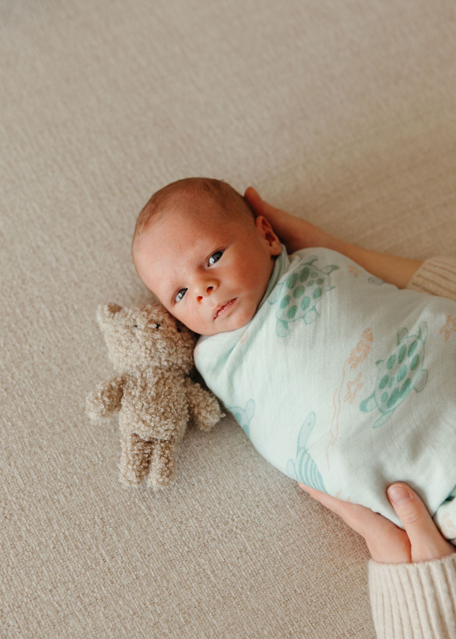 Newborn baby swaddled in mint turtle blanket lying next to a small teddy bear on a beige carpet.