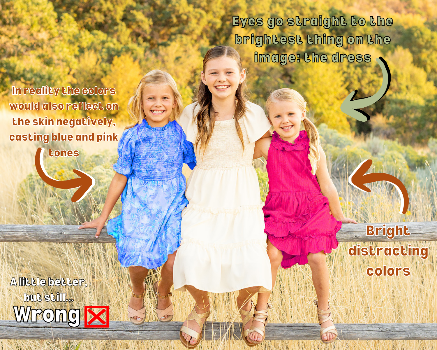 Three figures in coordinating blue and pink outfits sit together against a vibrant yellow autumn background.