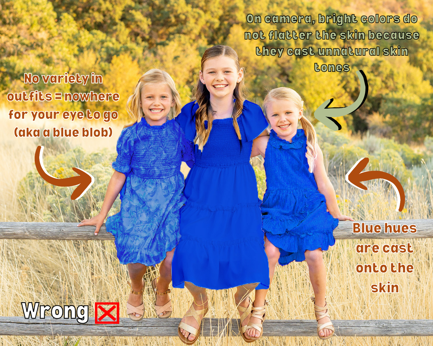 A group wearing matching bright blue shirts poses in a natural outdoor setting during autumn.