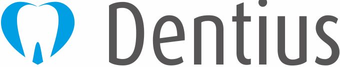 Logo design combining a blue tooth icon with Dentius text for a dental healthcare company.