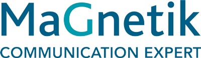 Modern blue and teal Magnetik Communication Expert logo design with stylized typography and brand name.