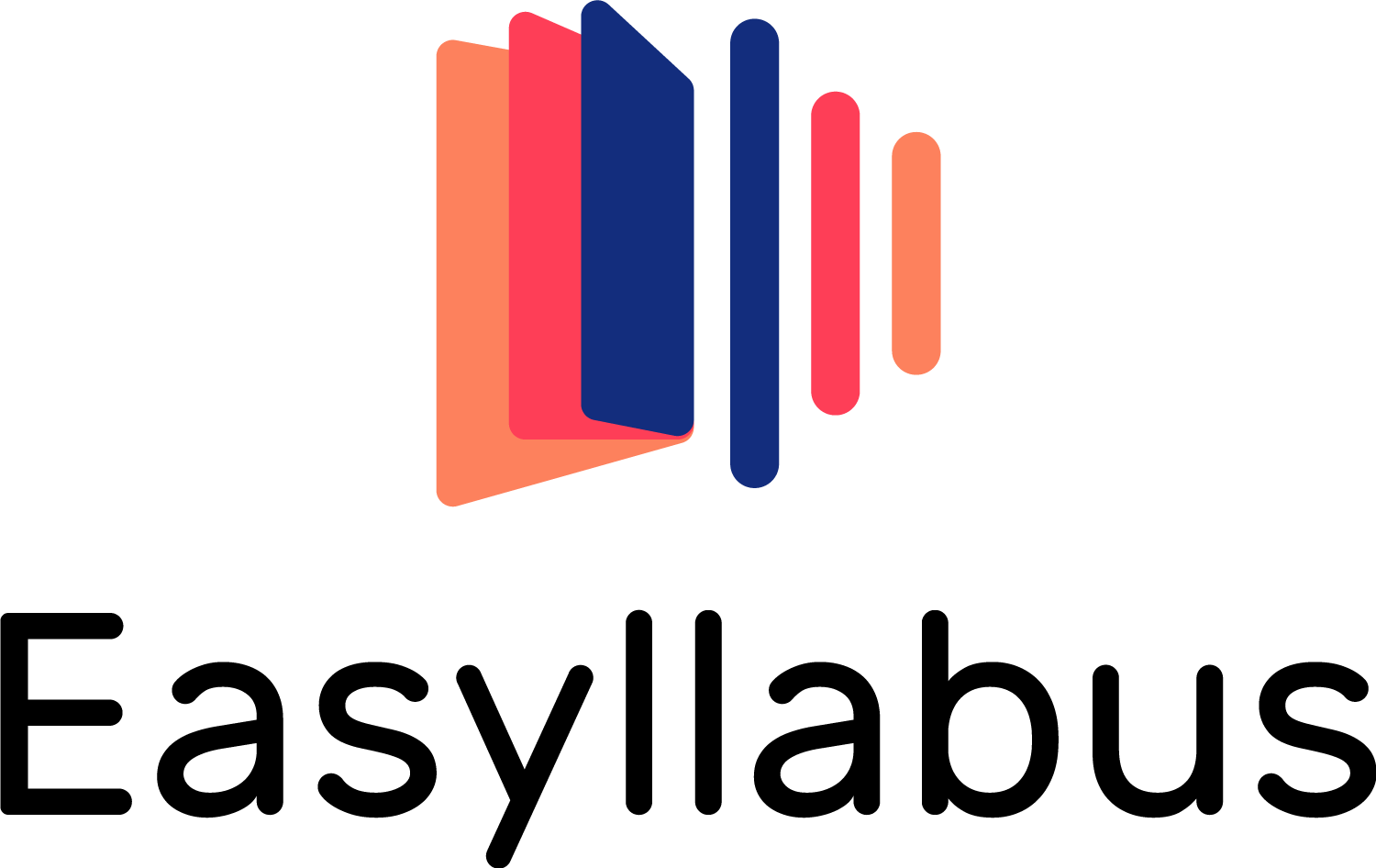 A modern logo design featuring the word Easyllabus with coral pink and navy blue rectangular shapes forming a book-like icon.