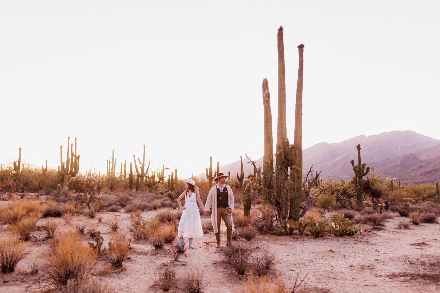 Wedding couple by Saguaro cacti  against a dusty desert landscape with mountains in the background by Tucson wedding photographer.