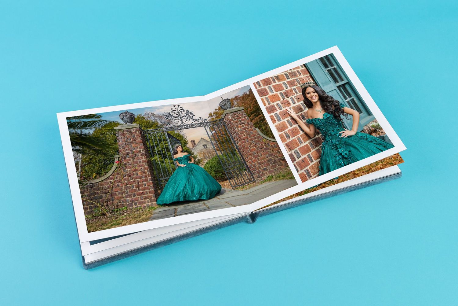 Photo book mockup with teal cover displayed in multiple angles on light blue background.