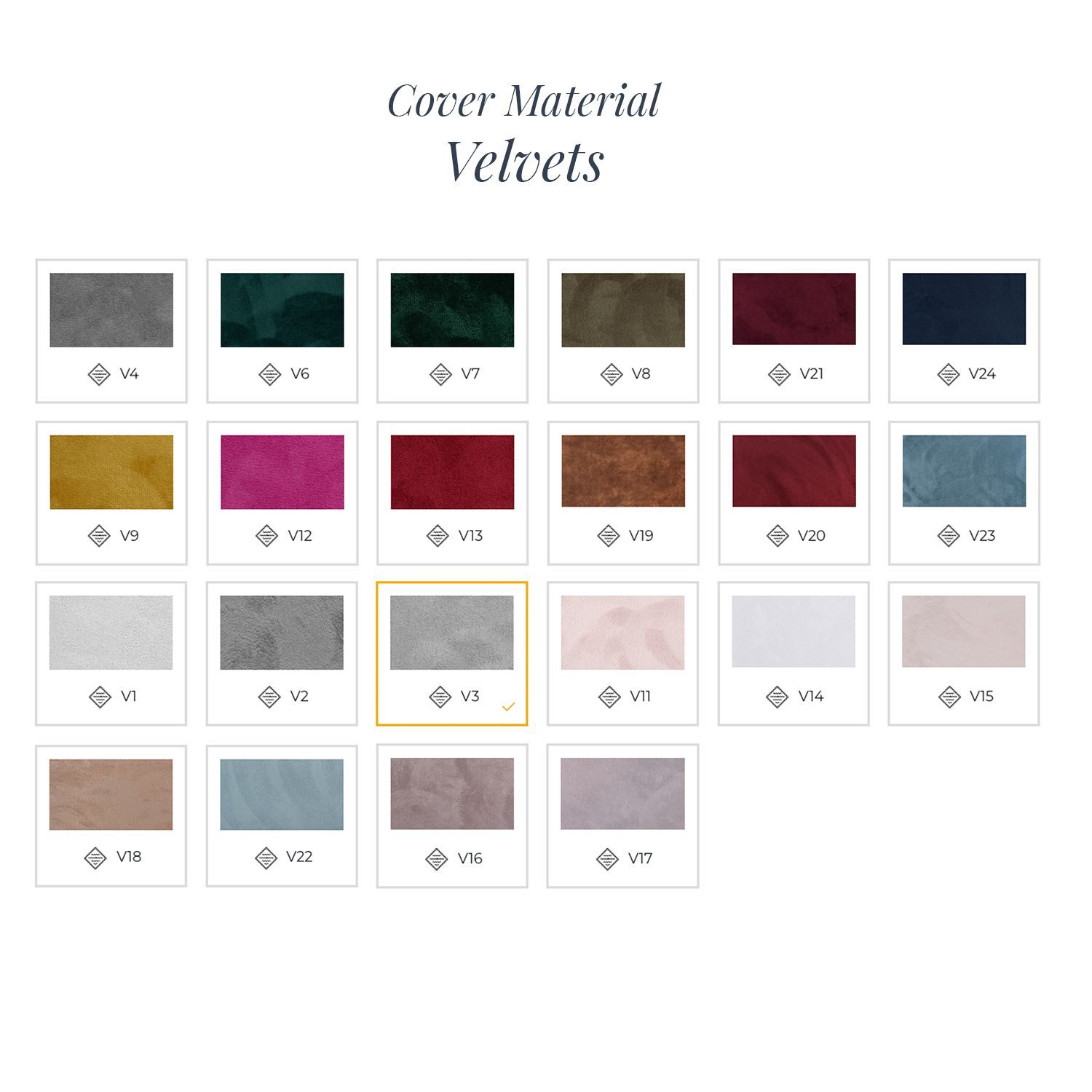 Fabric swatch color palette showing various velvet textile samples in rich jewel tones and neutral shades.