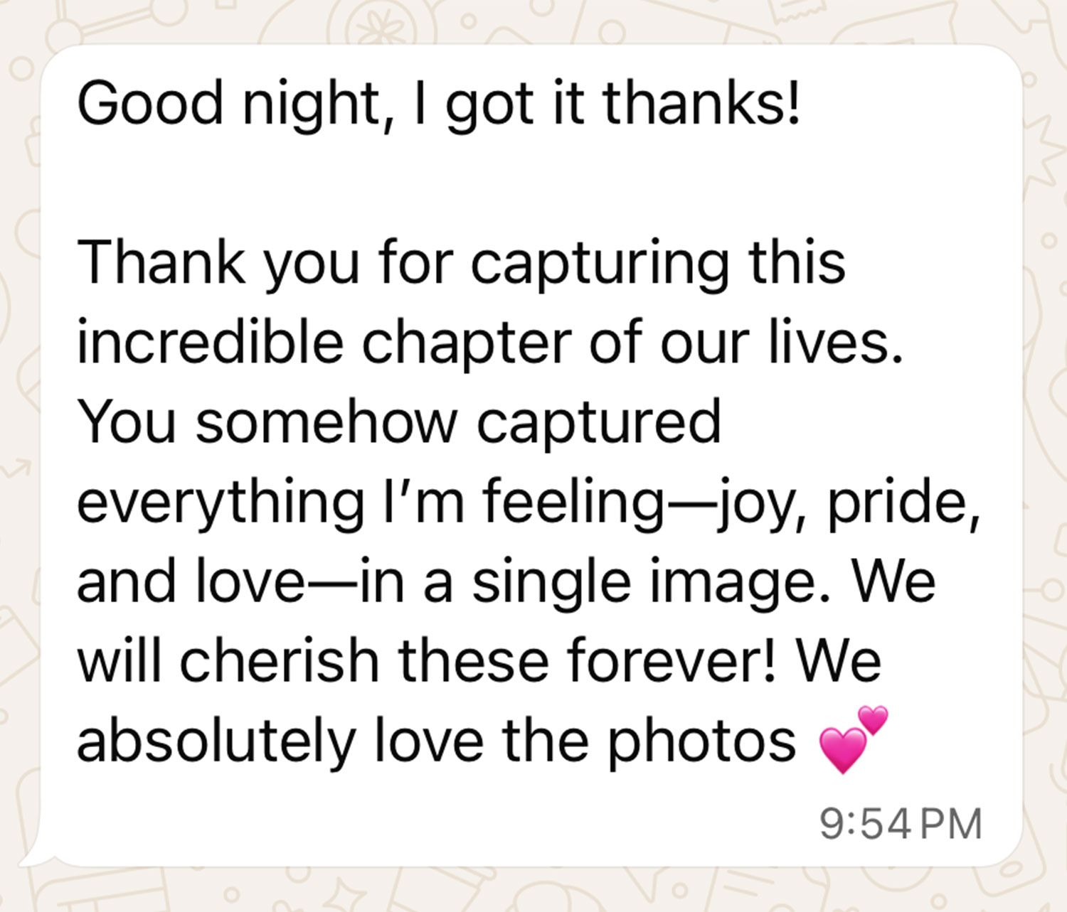 A series of text message bubbles showing heartfelt gratitude and appreciation for capturing special moments.