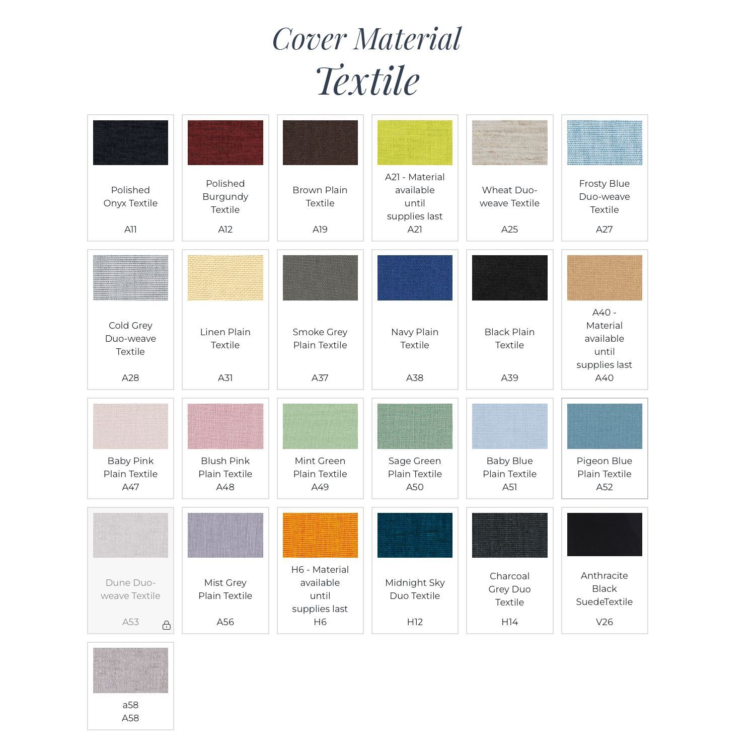 Color palette chart showing textile and cover material swatches in muted tones for wedding albums.