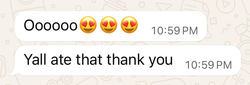 Three smiling emoji faces followed by text messages showing appreciation for a meal in a mobile chat conversation.