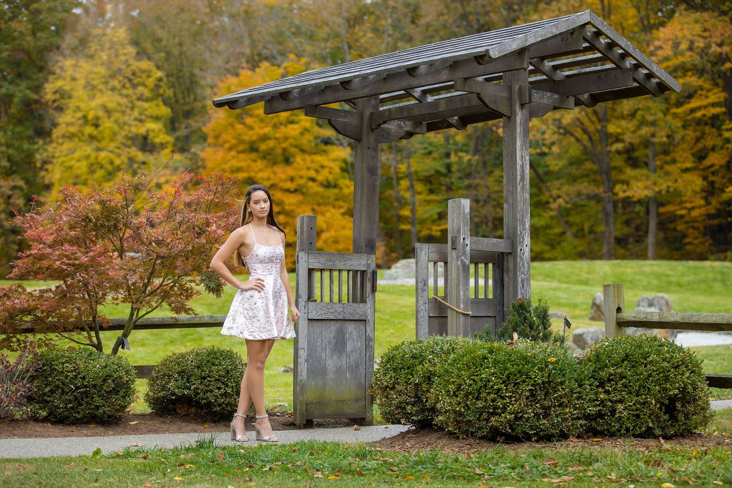 Scenic autumn park pathway with wooden gazebo structures surrounded by colorful fall foliage and landscaped gardens.