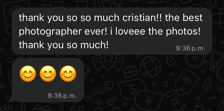 A text message conversation showing gratitude to a photographer named Cristian with three smiling emoji reactions.