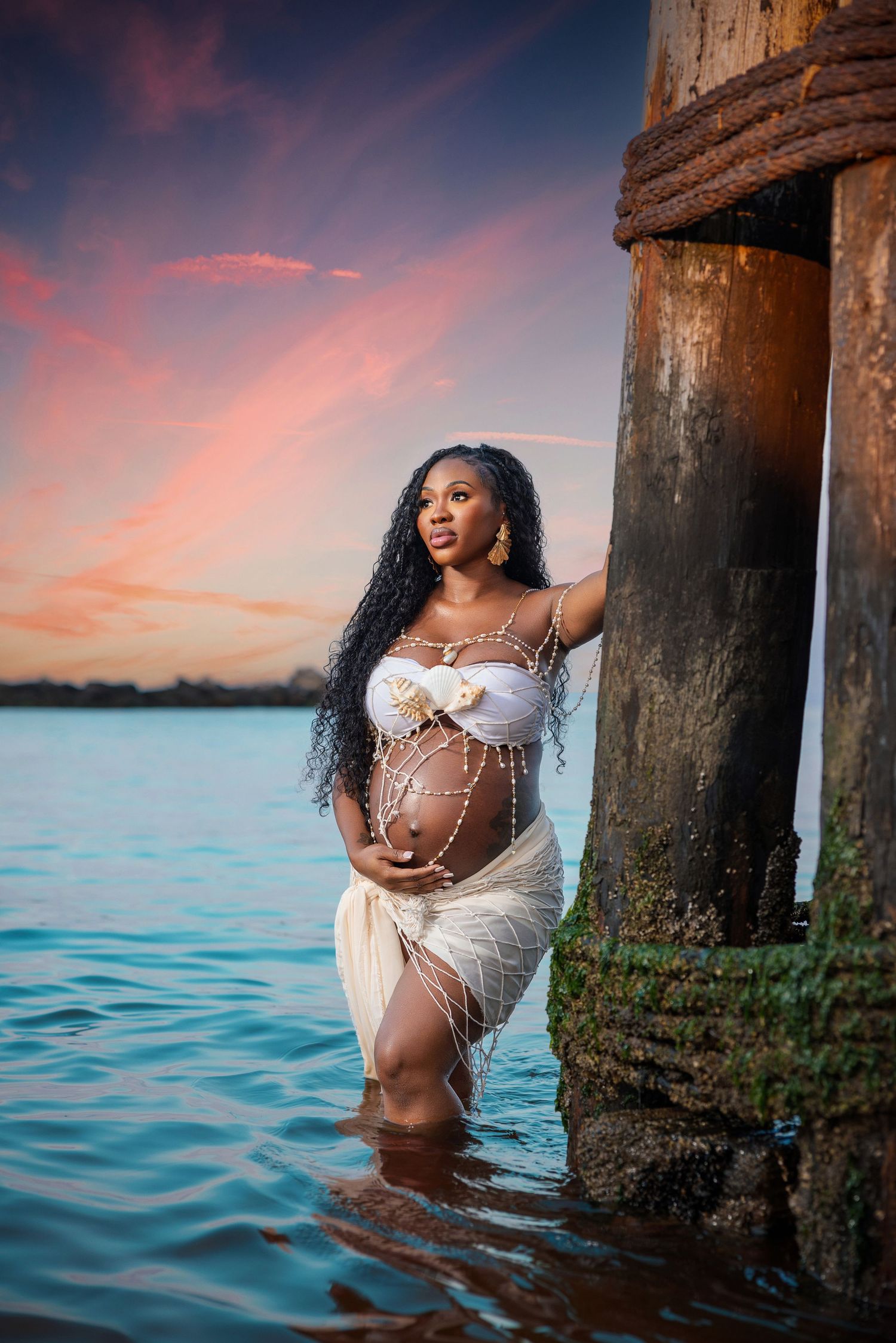 Pregnant woman in white beaded outfit standing in water near pier pilings at sunset.